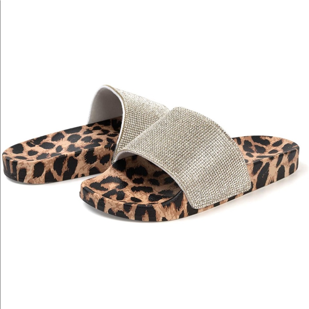 NWT Women's Slides Leopard Rhinestone Glitter Slip On Footbed Platform Sandals